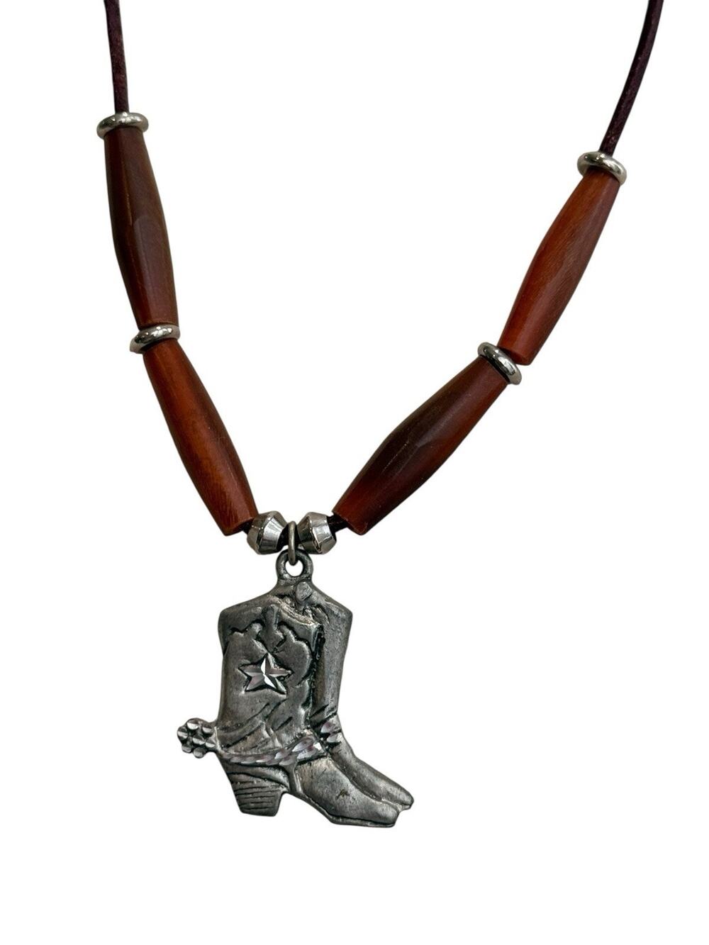 Ece 92’ Pewter Cowboy Boot Pendant Necklace Brown Leather Cord Barrel Clasp